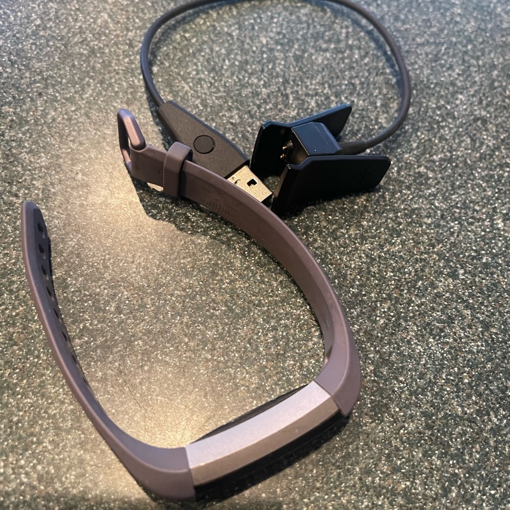 Small blue gray Fitbit with charger